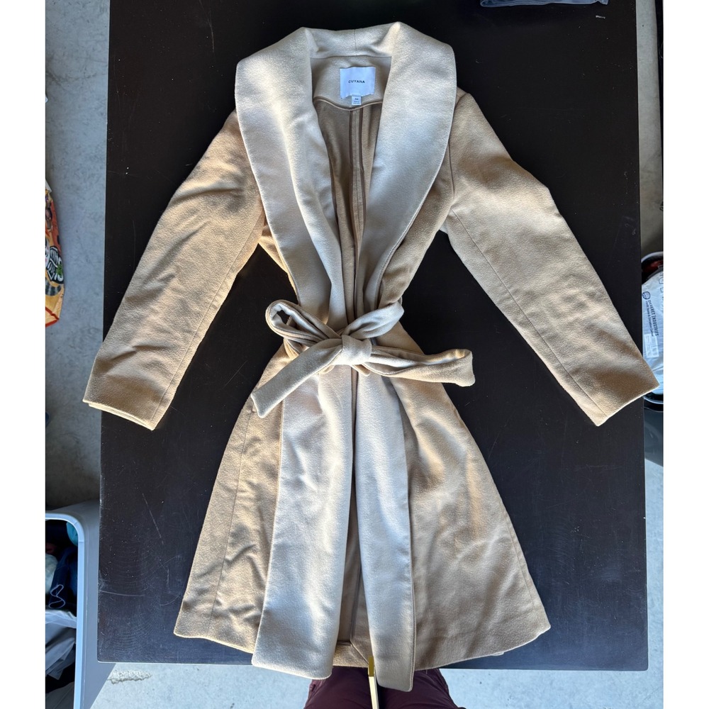 Cuyana Wool Blend Wrap Coat Beige Cream Shawl Collar Small Made in Portugal